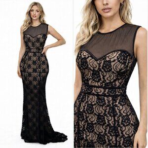 Gala Sheer Lace Maxi Gown Fitted Stretch Tan Black Size small by VaVa Voom